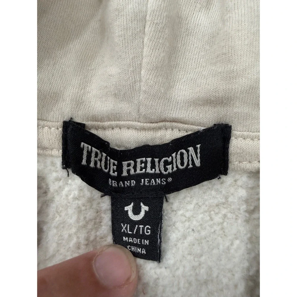 True Religion Mens Zip Up Hoodie Cream Off White Horseshoe Logo XL Sweatshirt